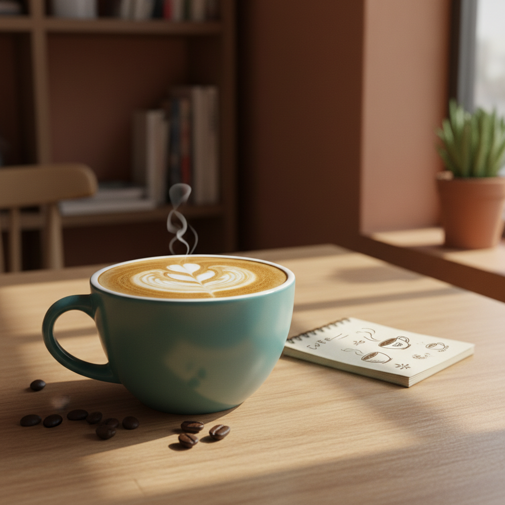 A close-up, photographic shot of a latte in a slightly oversized, matte teal ceramic cup with a whimsical swirl of latte art resembling a campfire flame. The cup sits on a honey-colored wooden table scattered with a few roasted coffee beans and a small, open notebook with doodled coffee cups. Soft afternoon sunlight filters through an unseen nearby window, creating a warm rectangle of light across the table and subtle highlights on the cup’s curved rim. The background is pleasantly out of focus, showing just a hint of cozy café décor and warm-toned walls. The composition uses the rule of thirds, with the cup slightly off-center, enhancing a playful yet relaxed atmosphere perfect for daydreaming and quiet chats. The style is clean, warm, and photographic with natural colors.