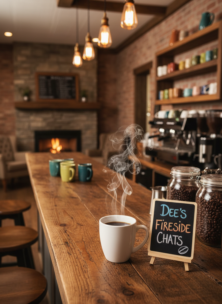 A wide, inviting view of a rustic coffee bar inside a cozy café called “Dee’s Fireside Chats.” The main focus is a sturdy reclaimed-wood counter with a pristine white ceramic mug, its swirling steam clearly visible, beside a small chalkboard sign with a hand-drawn coffee bean doodle. Behind the bar, shelves of neatly arranged colorful mugs, jars of beans, and a gleaming espresso machine add visual interest. Warm pendant lights cast a golden glow over everything, creating soft reflections on metal surfaces and gentle shadows in wooden textures. The mood is playful yet comforting, like a friendly hideaway for warm conversations. Photographic realism at eye level with a shallow depth of field keeps the mug crisp while the background melts into a gentle, inviting blur.