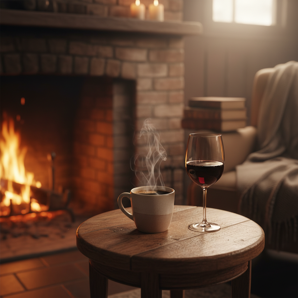 A cozy, intimate scene that matches the existing Dee’s Fireside Chats style: a small table by a warm glow with a steaming mug of coffee and a single glass of red wine side by side, soft, inviting lighting, simple background, photographic realism.